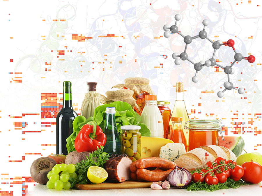 Collage aus verschiedenen Lebensmitteln und chemischen Strukturen.