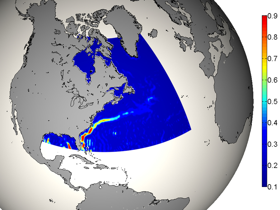 [Translate to en:] Bild zeigt die Geschwindigkeit des Golfstroms, vom Weltraum aus bestimmt.