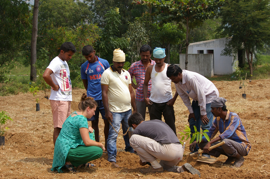 Monja Müller (li.) mit indischen Landwirten, die gerade eine Projektfläche bearbeiten und neue Bäume setzen. Mit dem Erntegut werden vor Ort Produkte hergestellt, um mehr Gelder zu erwirtschaften als beim Verkauf von Rohstoffen. (Bild: F. Weißörtel/ TUM)