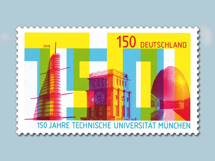 Die Jubiläumsbriefmarke zeigt den Oskar von Miller-Turm, den Thiersch-Turm und das „Atom-Ei“.