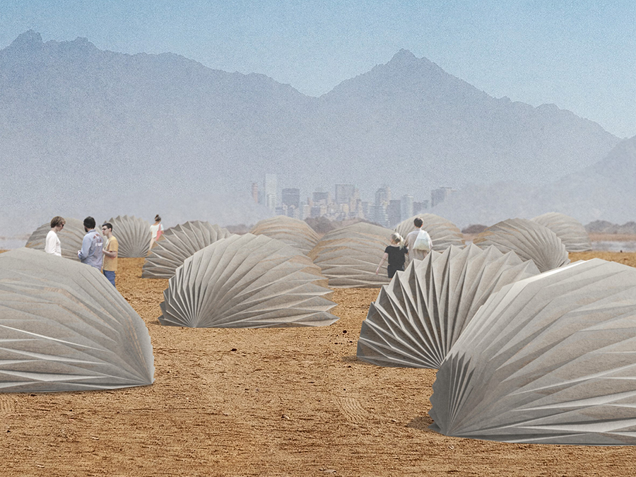 Zukunftsszenario Klima: Zelte aus recyceltem Kunststoffmüll, die sich selbsttätig auf- und abbauen und aus Sonne Energie gewinnen können, bieten Klimaflüchtlingen Schutz. (Bild: Philipp Brodbeck / TUM)
