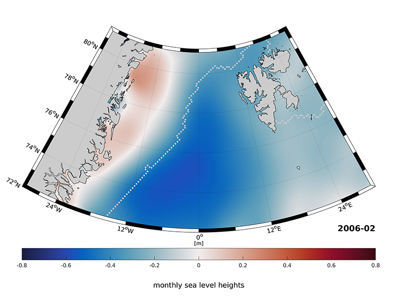 Das Meer östlich von Grönland ist das ganze Jahr von Eis bedeckt (die weiße Linie zeigt die Grenze des Meereises). Das Wasser darunter unterliegt einer jahreszeitlichen Dynamik und wird beeinflusst durch die Strömungen im atlantischen Ozean.