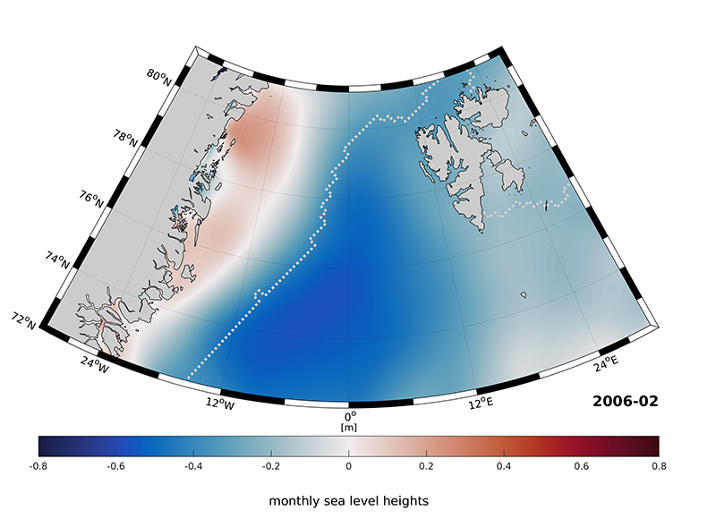 The ocean east of Greenland is covered by ice all year round (the white line shows the boundary of the oceanic ice). The water underneath is subject to a dynamic seasonal process and is influenced by the currents of the Atlantic ocean.