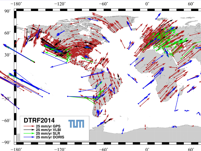 Vier verschiedene Messsysteme (dargestellt in unterschiedliche Farben) zeigen an, wohin und wie schnell die Kontinente wandern. (Bild: DGFI-TUM) Vier verschiedene Messsysteme (dargestellt in unterschiedliche Farben) zeigen an, wohin und wie schnell die Kontinente wandern.