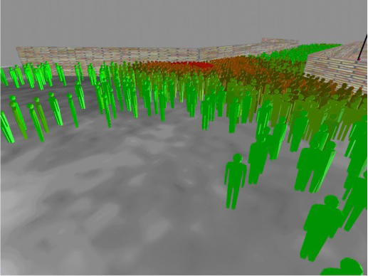 The simulation represents every individual in a ten-thousand crowd. (Photo: REPKA / TUM) The simulation represents every individual in a ten-thousand crowd. (Photo: REPKA / TUM)