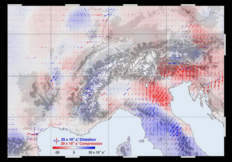 Horizontal strain field derived from the GPS data: Red areas indicate compression, blue indicates lateral spreading.
