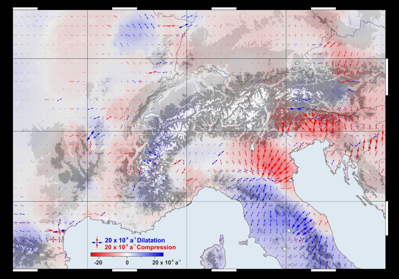 Aus den GPS-Daten abgeleitetes horizontales Spannungsfeld: In roten Bereichen tritt eine Kompression auf, in blauen eine Dehnung.