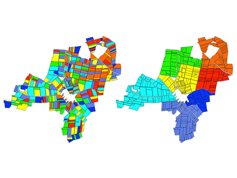 Better economics by land consolidation: field distribution before (left) and after (right) - Graphics: Prof. Dr. P. Gritzmann / TUM