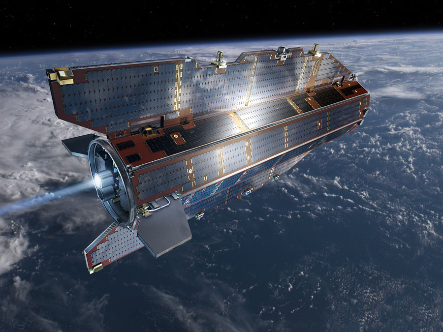 Animation des Forschungs-Satelliten GOCE im Erdorbit. Animation des Forschungs-Satelliten GOCE im Erdorbit.