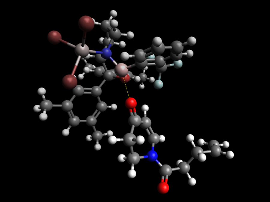 The bulky Lewis acid (above) shields one side of the substrate (bottom) pushing the photoreaction in to the direction of the desired product. - Graphics: Richard Brimioulle / TUM