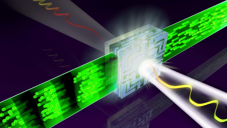 Darstellung des Grundbausteins zukünftiger Lichtwellen-Elektronik: ein Nanometer großer dielektrischer Schaltkreis, der durch sichtbares Licht gesteuert wird. – Grafik: Dr. Christian Hackenberger, LMU München