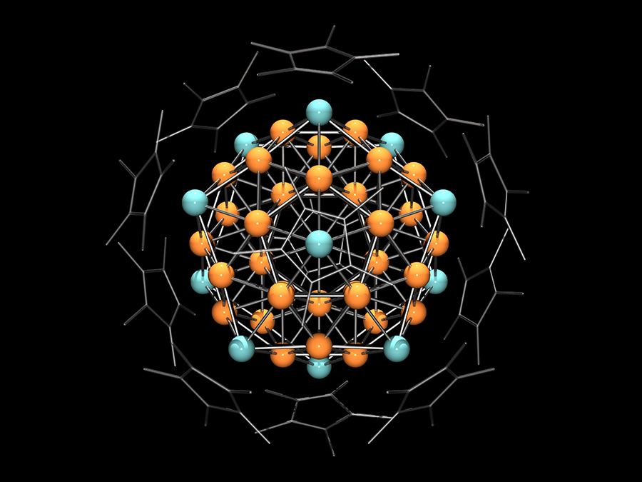 43 copper and 12 aluminum atoms form a cluster that has the properties of an atom. This heterometallic superatom is the largest ever produced in a laboratory. (Image: C. Gemel / TUM)