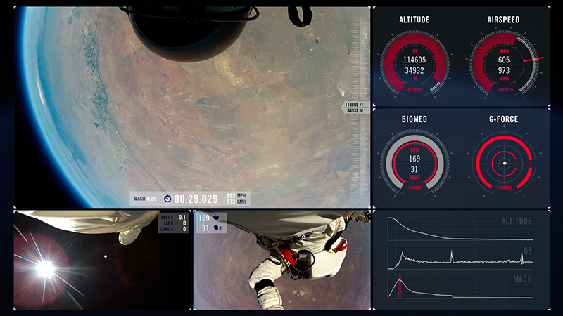 The split-screen still image shows multiple perspectives of Felix Baumgartner’s freefall.
