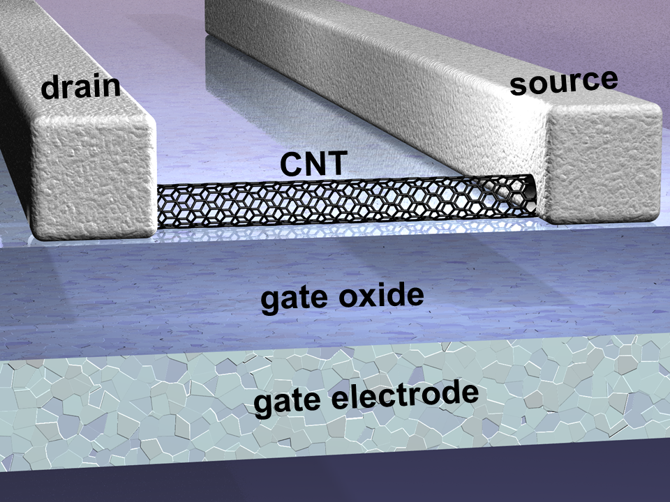 Schematische Darstellung eines Nanotube-Transitors (Bild: TUM) Schematische Darstellung eines Nanotube-Transitors (Bild: TUM)