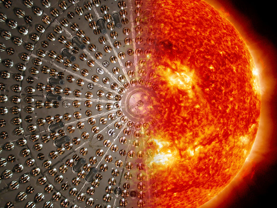 Die Bildkombo zeigt den Borexino-Detektor und die Sonne.