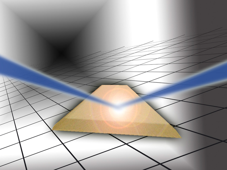 An ultraviolet light pulse hits the titanium dioxide crystal. The laser pulse induces a redistribution of weakly bound electrons, which leads to a shift of the equilibrium position of the atoms in the crystal lattice.