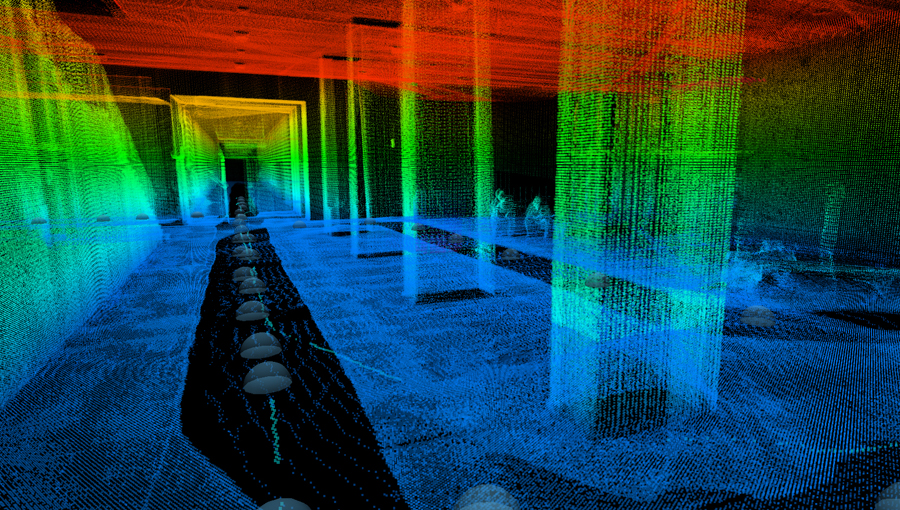 For the mapping NAVVIS uses both vertical and horizontal laser scans.The environment is displayed as a three-dimensional point cloud. Image: G. Schroth/TUM