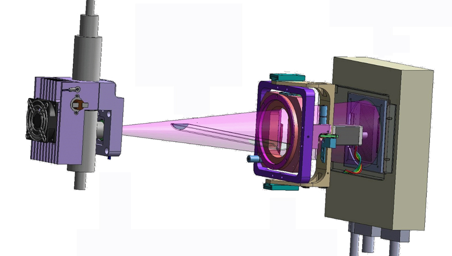 Mounted in a movable gantry inside the CT scanner are an x-ray source (left), a detector (far right), and a three-grating interferometer for phase-contrast imaging. Image: A. Tapfer/TUM