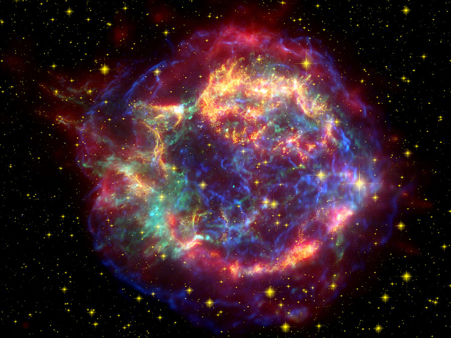 Cassiopeia A: Remnants of a supernova in the constellation Cassiopeia, about 11,000 light-years away. The stellar explosion took place about 330 years ago.