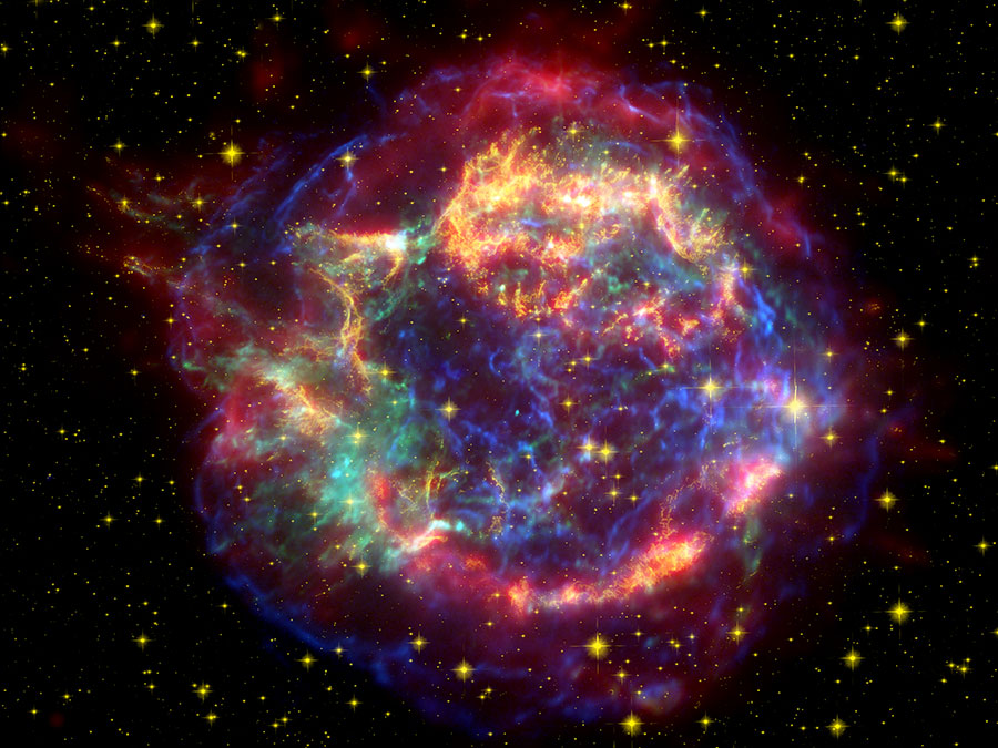 Cassiopeia A: Remnants of a supernova in the constellation Cassiopeia, about 11,000 light-years away. The stellar explosion took place about 330 years ago. Cassiopeia A: Remnants of a supernova in the constellation Cassiopeia, about 11,000 light-years away. The stellar explosion took place about 330 years ago.