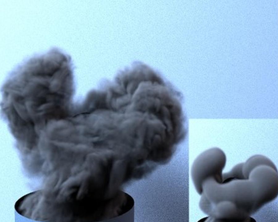 Der Rohentwurf (kleinesBild) und die fertige Simulation einer Rauchwolke.