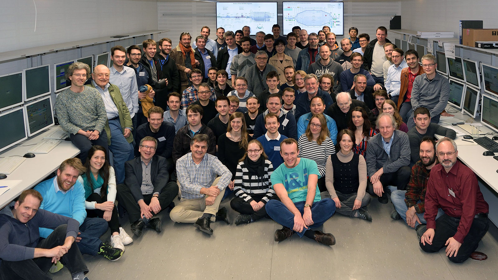 Members of the KATRIN-team in the control room at the Karlsruhe Tritium Laboratory during the spring 2019 neutrino mass measurement campaign.