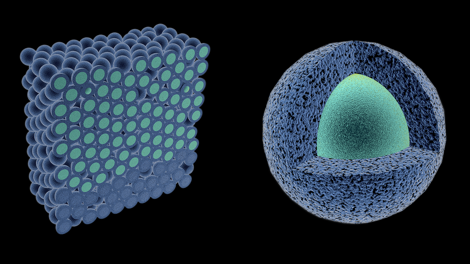 Freeze drying of maltodextrin particles (dark blue = sugar matrix; turquoise = ice): The radial drying front in the particles runs from the outside to the inside. The planar drying front runs from bottom to top.