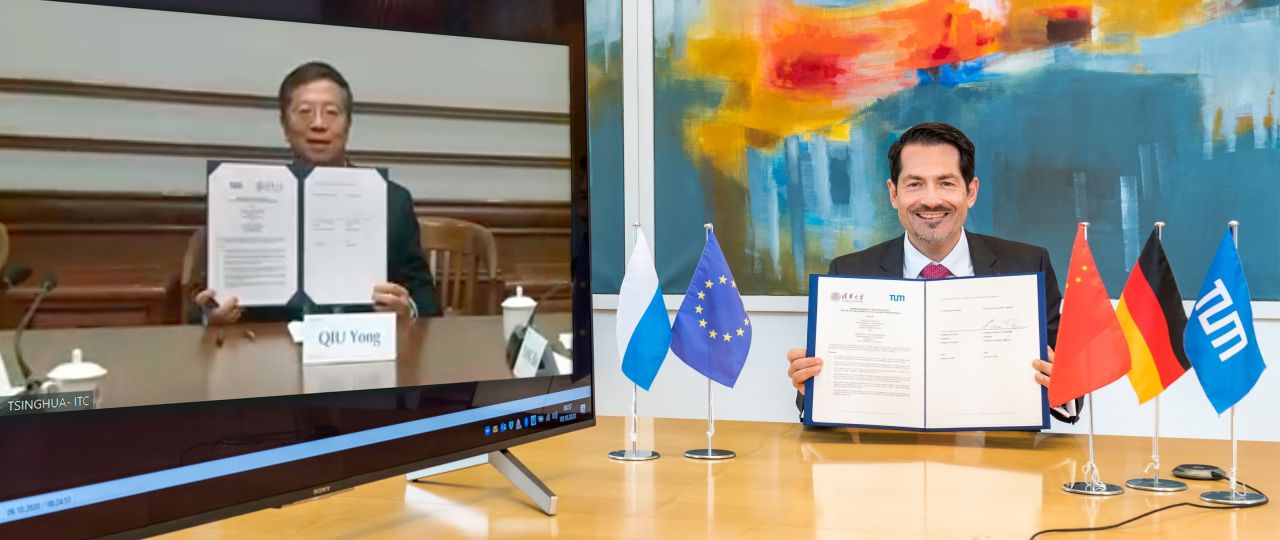 Partnerschaft TUM - Tsinghua Die Präsidenten Prof. Thomas F. Hofmann und Prof. Qiu Yong unterzeichnen bei einer Videokonferenz das Partnerschaftsabkommen.