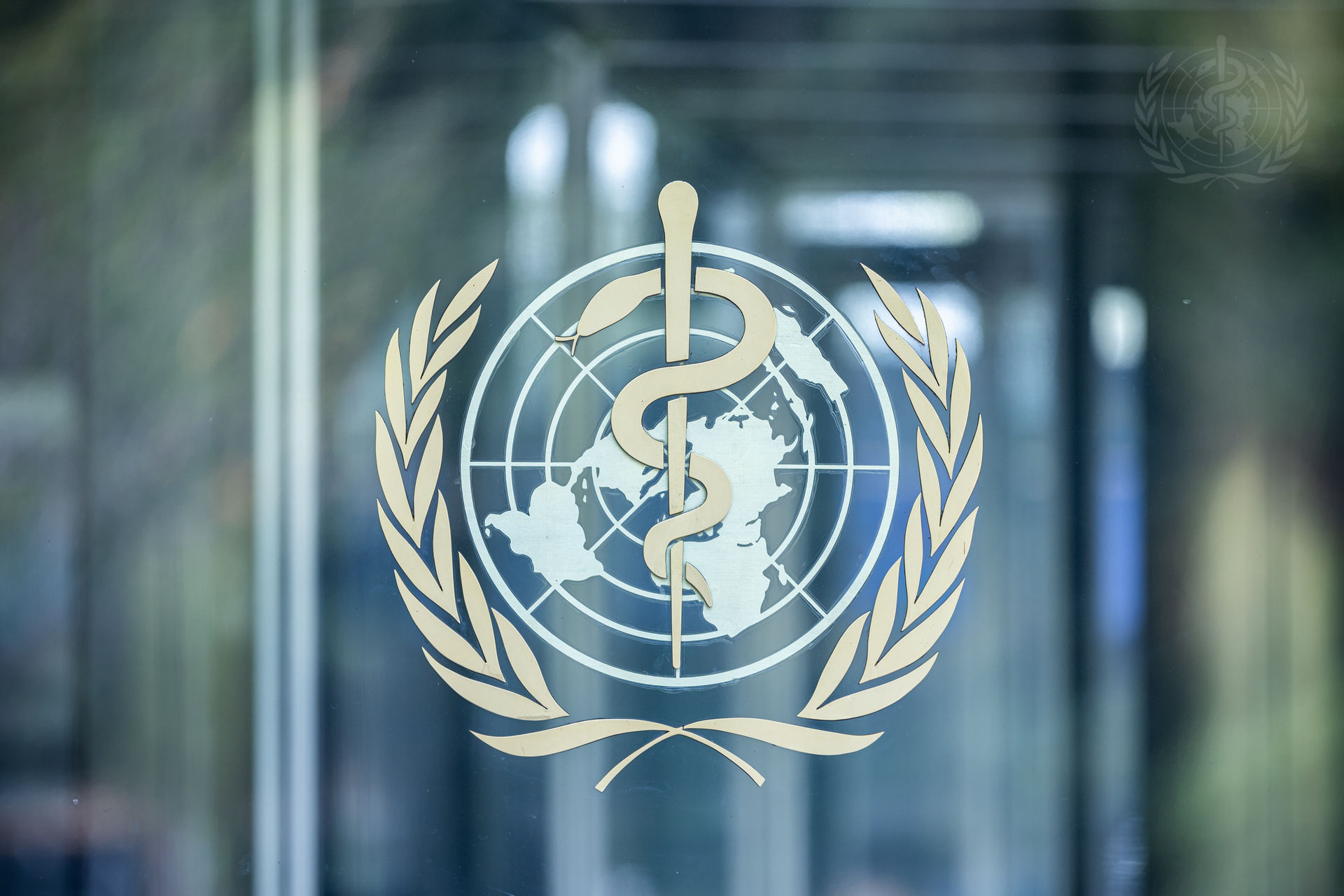 WHO-Logo an der Eingangstür der Weltgesundheitsorganisation