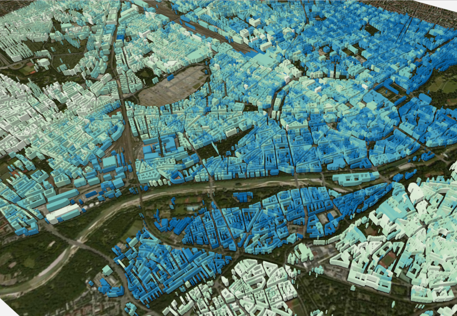 This image shows a section of a global 3D model of urban areas and was generated primarily using TanDEM-X Satellite data. To create this model for all cities in the world, sophisticated AI procedures are used.