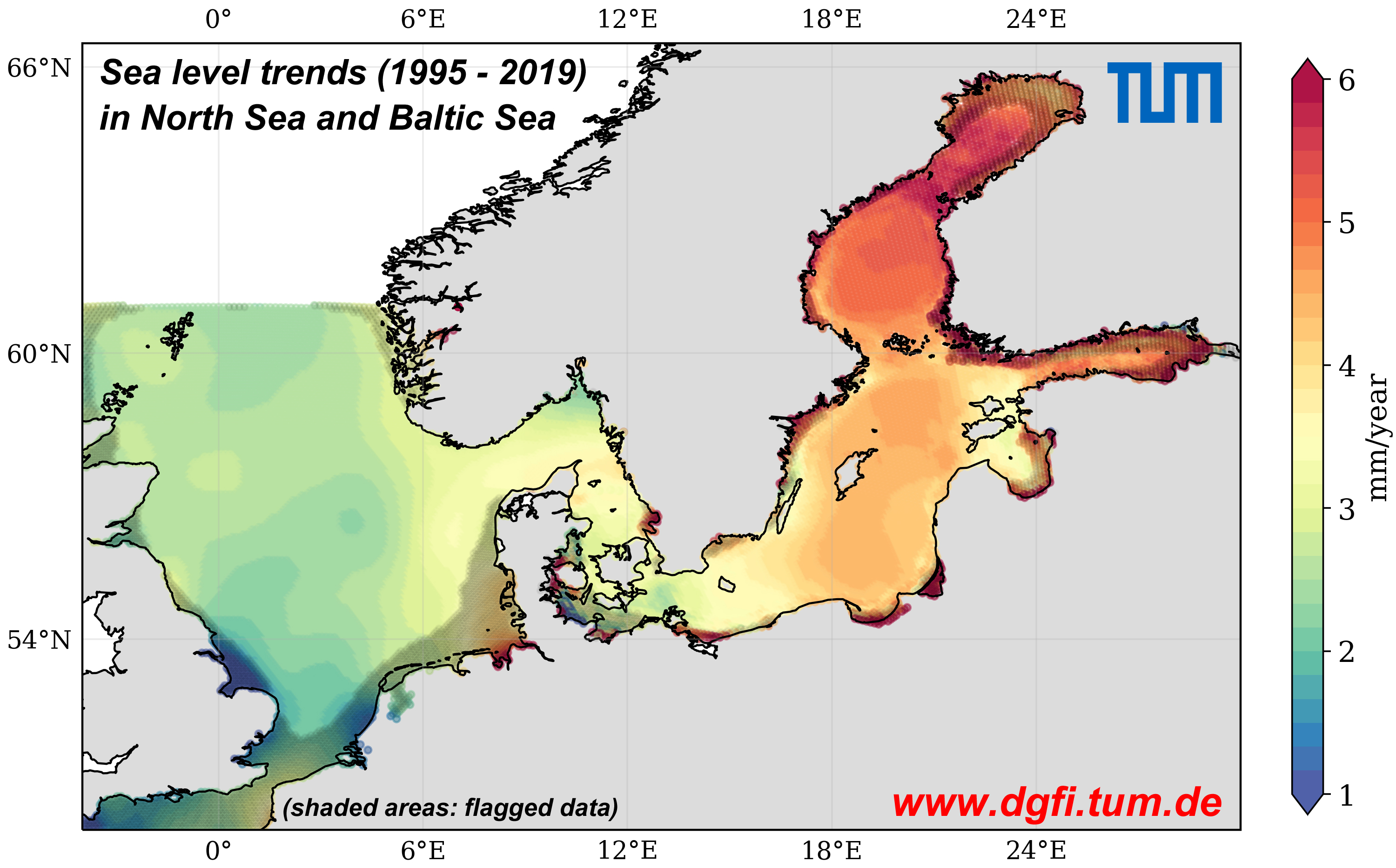 Rise of mean sea level in the North and Baltic Sea (millimeters per year), calculated using satellite altimetry data between 1995 and 2019. Gray shading indicates areas with high statistical uncertainty.