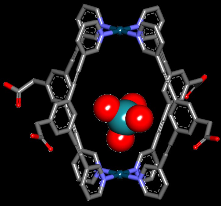 Graphic of a supramolecular metallocage encapsulating radioactive pertechnetate for (SPECT) imaging.