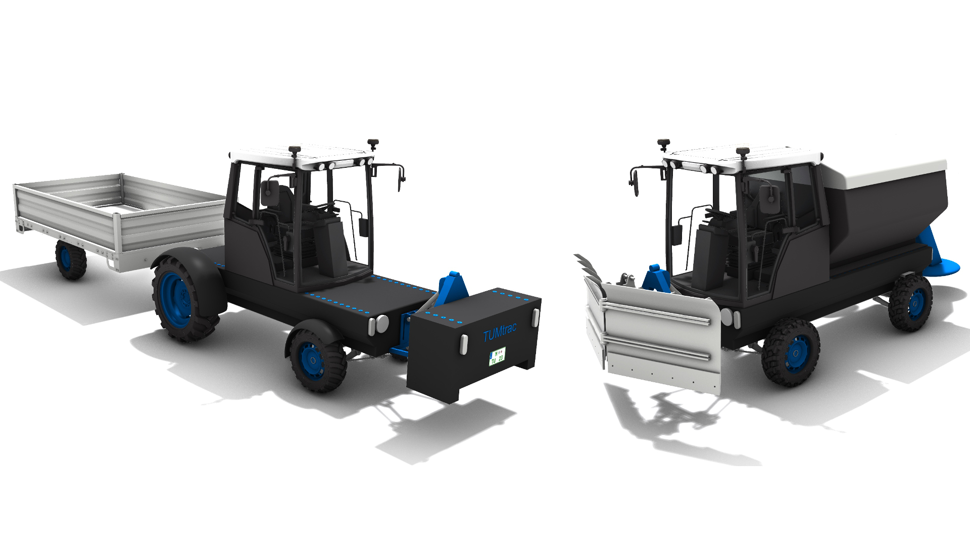 3D-Modelle eines anderen Traktors und eines Streufahrzeugs.