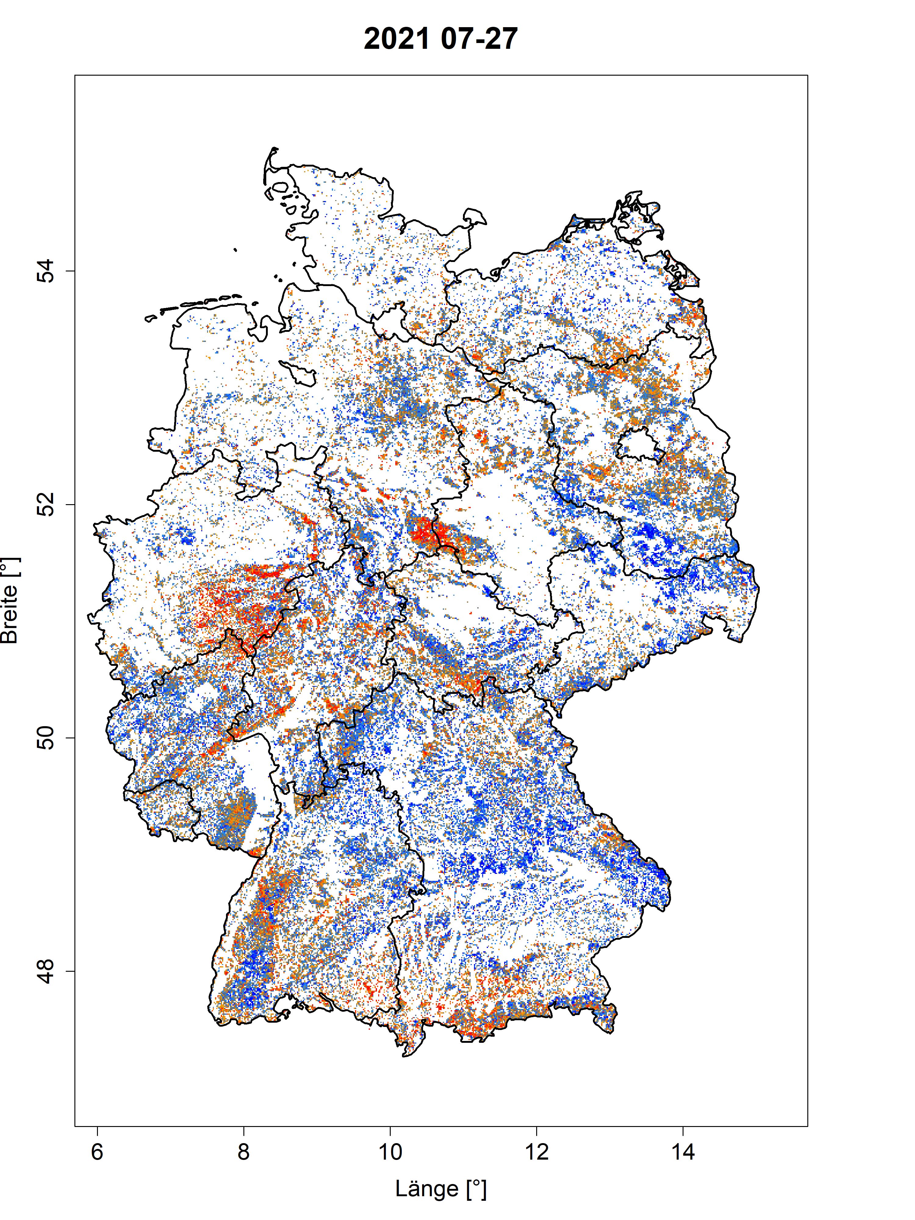 Waldzustandsmonitor, Juli 2021: Rote Punkte im Waldzustandsmonitor zeigen eine niedrige, blaue Punkte eine hohe Vitalität der Bäume. 