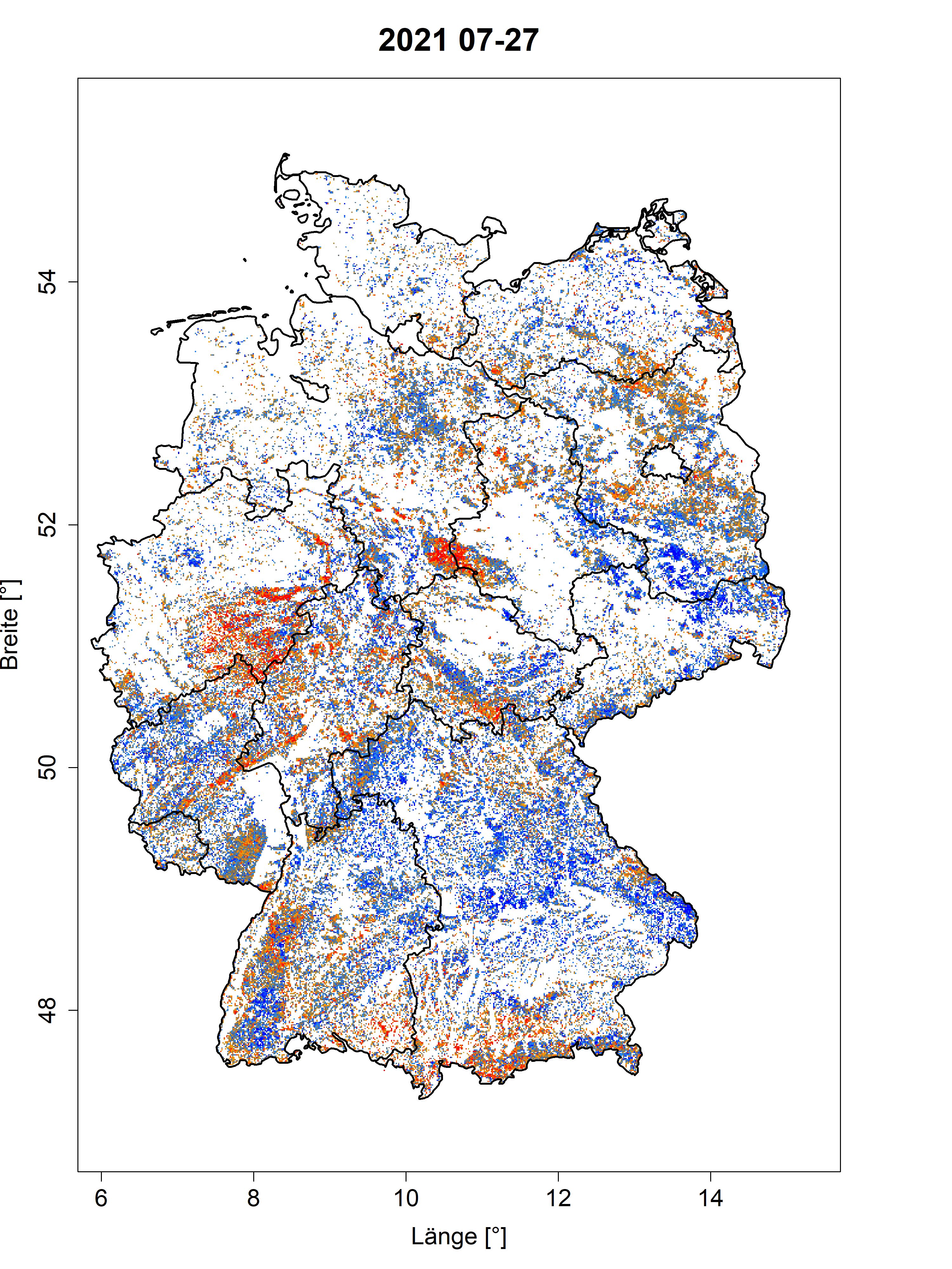 In July 2021, the condition of the forest in Germany was comparatively good - red dots in the FCM indicate low vitality, blue dots indicate high vitality of the trees. In July 2021, the condition of the forest in Germany was comparatively good - red dots in the FCM indicate low vitality, blue dots indicate high vitality of the trees.