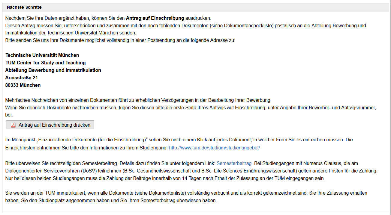 Screenshot TUMonline: Antrag auf Einschreibung