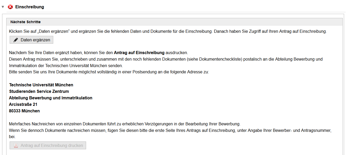 Screenshot TUMonline: Daten ergänzen