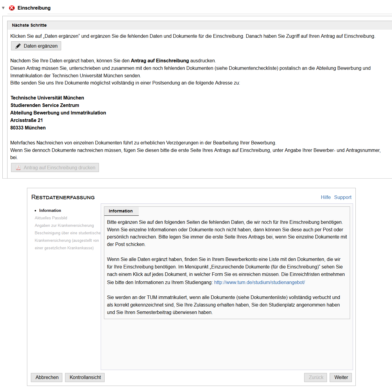 Screenshot TUMonline: Daten ergänzen; Restdaten erfassen
