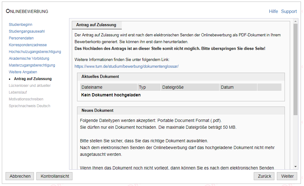 Screenshot Antrag auf Zulassung