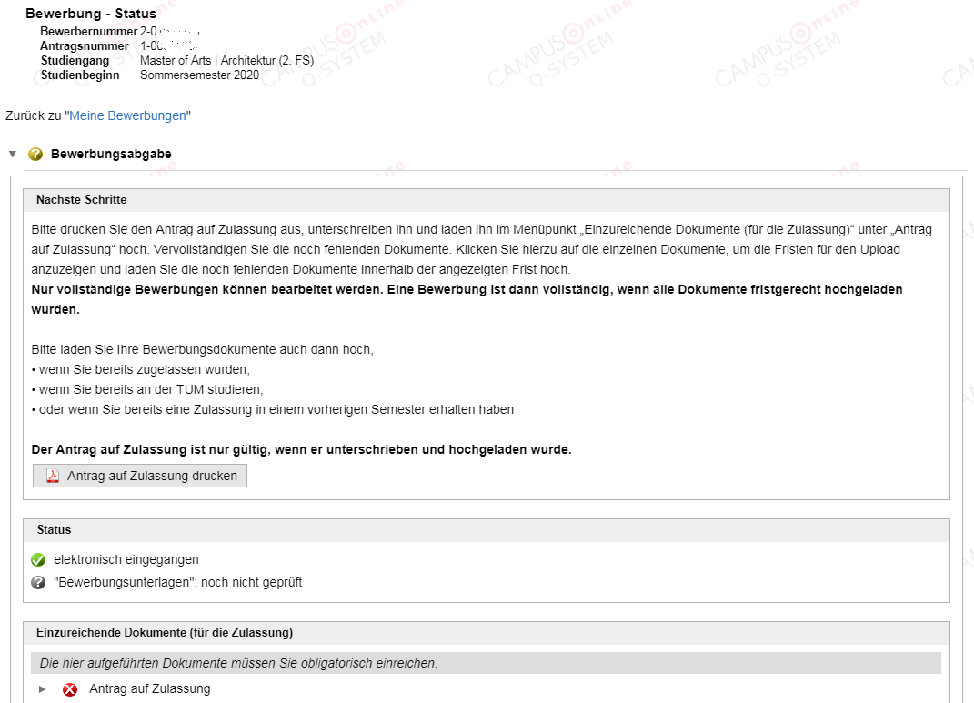 Screenshot Antrag auf Zulassung
