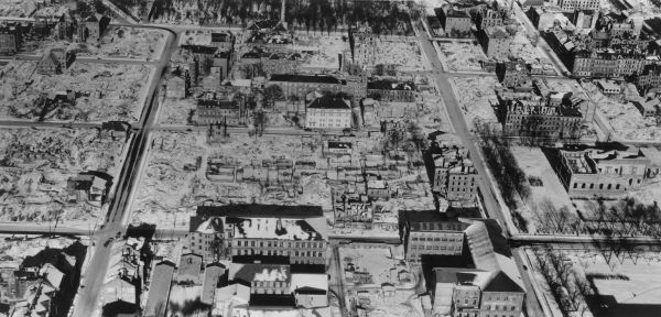 Aerial view of the destroyed district around the "Technische Hochschule München" during the Second World War.